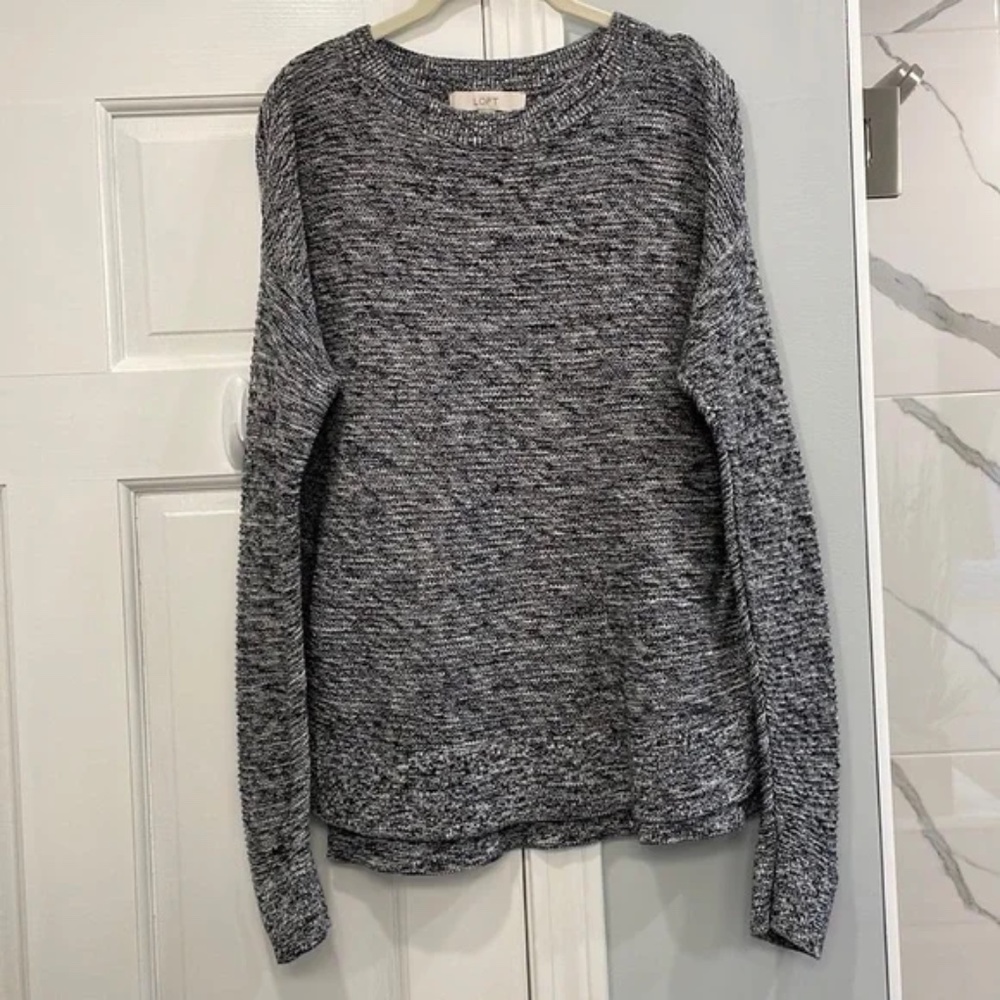 LOFT Black and White Marled Dropped Shoulder Sweater